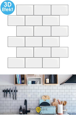 Trendpoint 3d 30 30cm Mutfak Tezgah Arkası Kaplama Kendinden Yapışkanlı Beyaz Seramik Görünüm Banyo