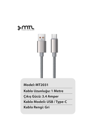 3.4a Usb To Type-c Örgülü Alüminyum Başlıklı Hızlı Şarj Ve Data Kablosu 1 Metre Mt2031