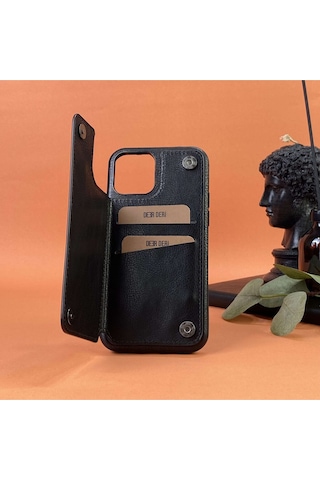 Helen Apple Uyumlu iPhone Hakiki Deri Telefon Kılıfı 13 Pro Siyah