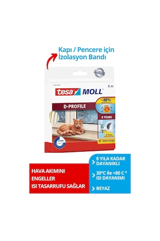 Tesamoll D Profil, Kapı Pencere Isı İzolasyon Bandı, Beyaz, 6m X 9mm X 7mm Diğer