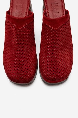 Luvi Shoes Dejas Kırmızı Süet Hakiki Deri Delikli Kadın Kalın Topuklu Terlik