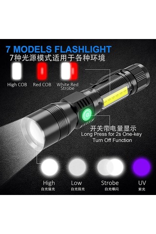 Youmex Usb Şarjlı Işıkli Uv Ateşböceği Tespit Led El Feneri, 7 Fonksiyonlu, Su Geçirmez, Cob Işık Kaynağı + Usb Kablosu + Li-pil Çok Renkli