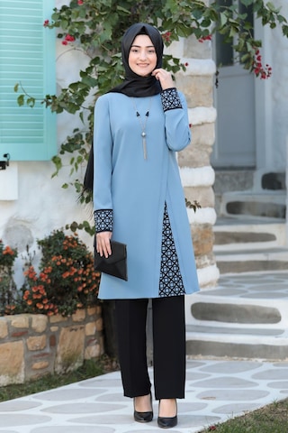 Lazer Kesim Detaylı Büyük Beden Tesettür Takım Mavi