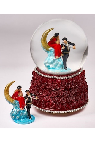 Kar Küresi Gonca Buket Büyük 100 Mm El Boyaması, Müzikli Kendinden Üflemeli, Ay Işığında Kemancı