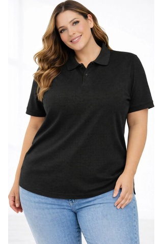 Wear Vexel Kadın Battal Beden Tişört Polo Yaka Pike Kumaş Kısa Kol T-shirt - Siyah Siyah