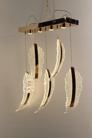 Lüks Gold Detaylı Kuş Tüyü Formlu Akrilik 5'li Sıralı Serisi Modern Led Avize