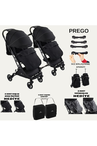 Prego Yan Yana Birleştirmeli Kabin Boy İkiz Bebek Arabası Ayak Örtüsü + Yağmurluk + Taşıma Çanatası