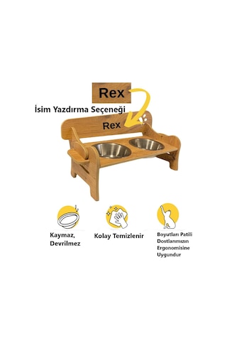 Realwood Ahşap Kademeli Eğimli Çelik Kaseli Kedi Köpek Mama Su Kabı 400 ML