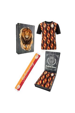 Galatasaray Lisanslı Sıfır Yaka Siyah Antrenman T-shirt + Şal Kaşkol Set Hediyelik Ahşap Kutulu Kırmızı - Pembe