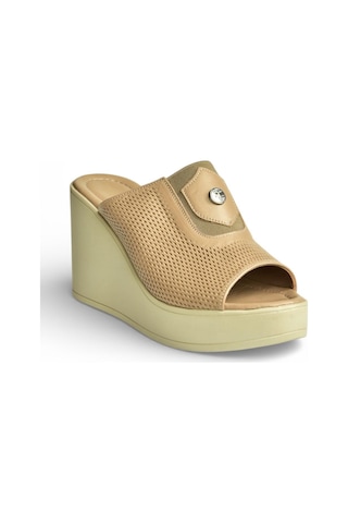 Fox Shoes Y555250703 Bej Hakiki Deri Dolgu Topuklu Kadın Terlik Bej