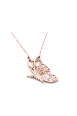 Ferizz Zirkon Taşlı Rose Kelebek Model Gümüş Kolye Gk-312