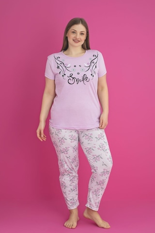 X-dreamy Büyük Beden Pamuklu Çiçekli Kısa Kollu Pijama Takımı Lila