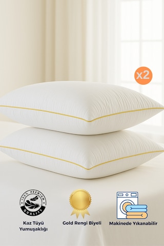 2 Adet Gold Detaylı Gold Rengi Biyeli 1100 Gram Lüks Otel Yastığı Beyaz