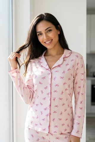 Aura Collections Kadın Pembe Çiçek Desenli Bambu Viskon Uzun Kollu Soft Örme Pijama Takımı