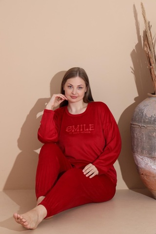 Boyraz Kadın Kışlık Fransız Kadife Büyük Beden Bisiklet Yaka Uzun Kol Pijama Takımı 03130 - 1 Adet Kırmızı