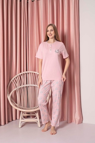 Ahengim Kadın Pijama Takımı Süprem Kısa Kollu Çiçek Desenli Pamuklu W30062330 Pembe