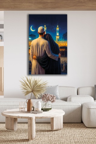 Kutsal Yolculuk Kâbe Yi Seyreden Aile Temalı Cam Tablo Modern Dekorasyon Temalı Dekoratif Duvar Tablosu, Salon, Ev Ve Ofis Dekoru,
