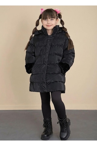 Boutiguestyles Kız Çocuk Şişme Mont Kürklü Gri Sedefli Işıltılı Çıkarılabilir Kapüşonlu Fermuarlı Siyah