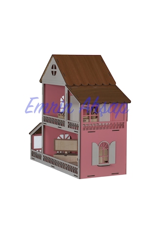 2 Katlı Pembe Ahşap Eşyalı Çocuk Oyun Evi Seti