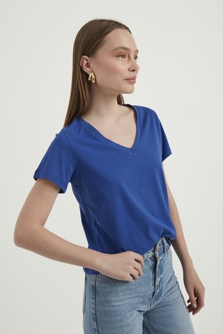 Hiccup V Yaka Temel T-shirt Kobalt Mavisi
