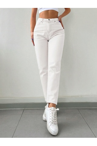 Kadın Mom Fit Jeans Kot Pantolon Beyaz Beyaz