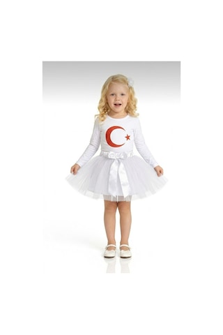 Nacar Store Kız Çocuk 23 Nisan 29 Ekim Gösteri Kıyafeti Ayyıldız Beyaz Uzunkol T-shirt Beyaz Tütü Etek Takım Beyaz-beyaz