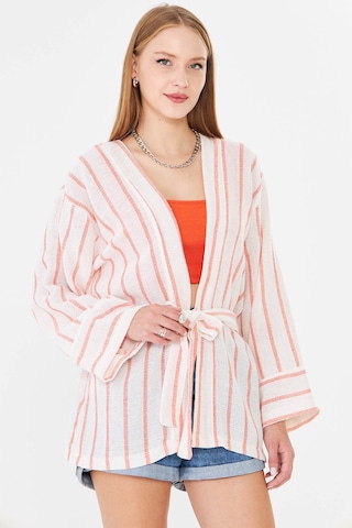 Armonika Kadın Turuncu-beyaz Kemerli Kimono Arm-25y001073