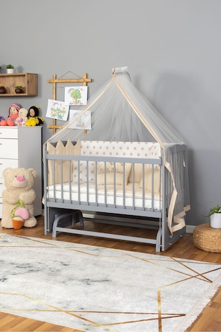 Ahşap Beşik Anne Yanı Beşik Gri 60x120 - Krem Nakış Erkek Uyku Seti + Yatak Gri