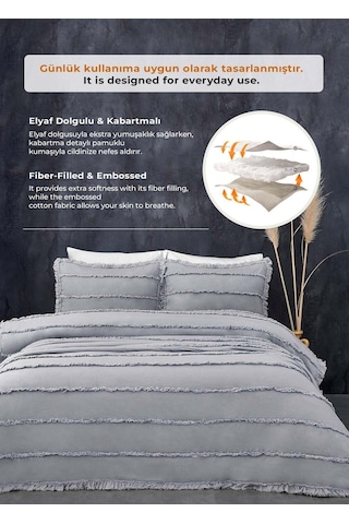 Evlen Home Pamuklu Echos Yatak Örtüsü Takımı Günlük Çift Taraflı Kişilik 3 Parça Dolgulu El İşi Gri