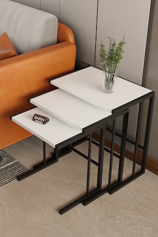 C Zigon Sehpa 3'lü Modern Metal Yan Sehpa, Laptop Masası Ve Koltuk Yanı Kahve Sehpası Beyaz