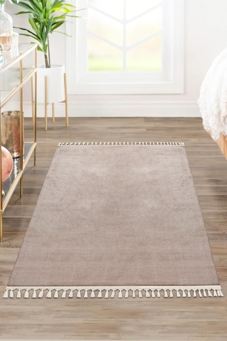 Vl Yuvarlak Comfort Ponpon Saçaklı Peluş Post Halı Kahverengi Halı Kahverengi Ponpon Saçaklı