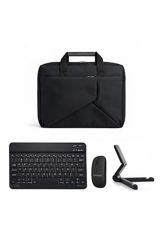 Microcase Lenovo Tab Plus Tb351fu Macbook Uyumlu  Laptop Çantası 2 Bölmeli + Bluetooth Klavye+mouse+tablet Standı Siyah Al5568