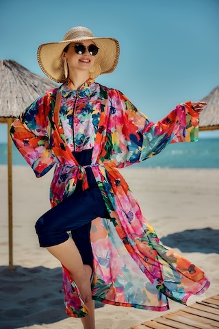 Remsa Tesettür Mayo Üzerine Tek Kaftan Kimono Pareo Lacivert02 Rp030 Flowers Lacivert