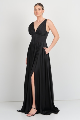 Doridorca Kadın Derin V Yaka Sırttan Bağlamalı Maxi Abiye Elbise 7091 Siyah Siyah