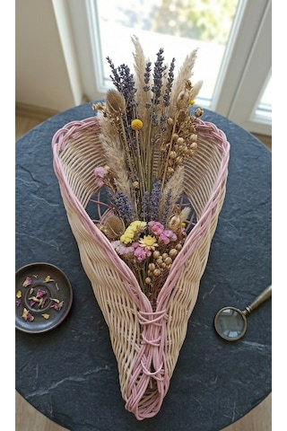 Handanrattan Pembe Kenarlı Külah Rattan Çiçek Buketi Sepeti 42x24x15 Cm Buket