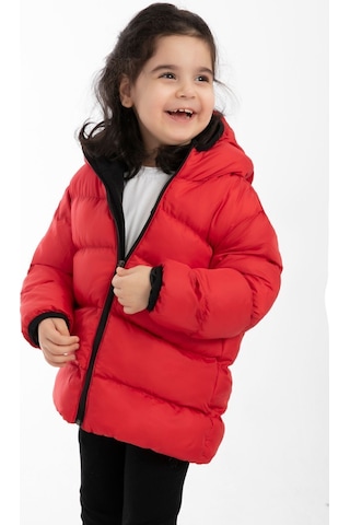 Kız Çocuk Kırmızı Içi Polarlı Kapüşonlu Su Geçirmez Rüzgara Dayanıklı Şişme Kışlık Mont Kırmızı