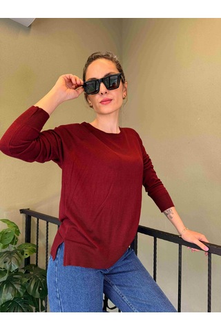 Bordo Bisiklet Yaka Basic İnce Triko
