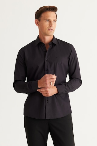 AC&Co / Altınyıldız Classics Erkek Sıyah Kolay Ütülenebilir Slim Fit Dar Kesim Klasik Yaka Pamuklu Gömlek Sıyah Siyah
