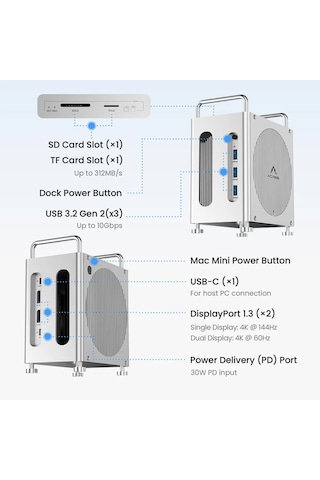 Acasis 8 İn 1 Mac Mini M4 Workstation Thunderbolt 4, 2x Nvme Ssd, 3x Usb 3.2, Sd/tf Card, 2x Dp 4k, Güç Düğmesi, 30w Pd, Type-c, Dock & Ssd Kutusu Tb1201