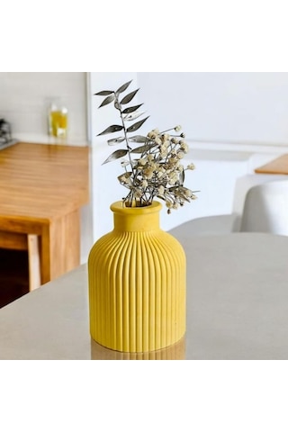 Modern Sarı 3'lü Dekoratif Set Çizgili Vazo Ve Kapaklı Obje Takımı Sarı