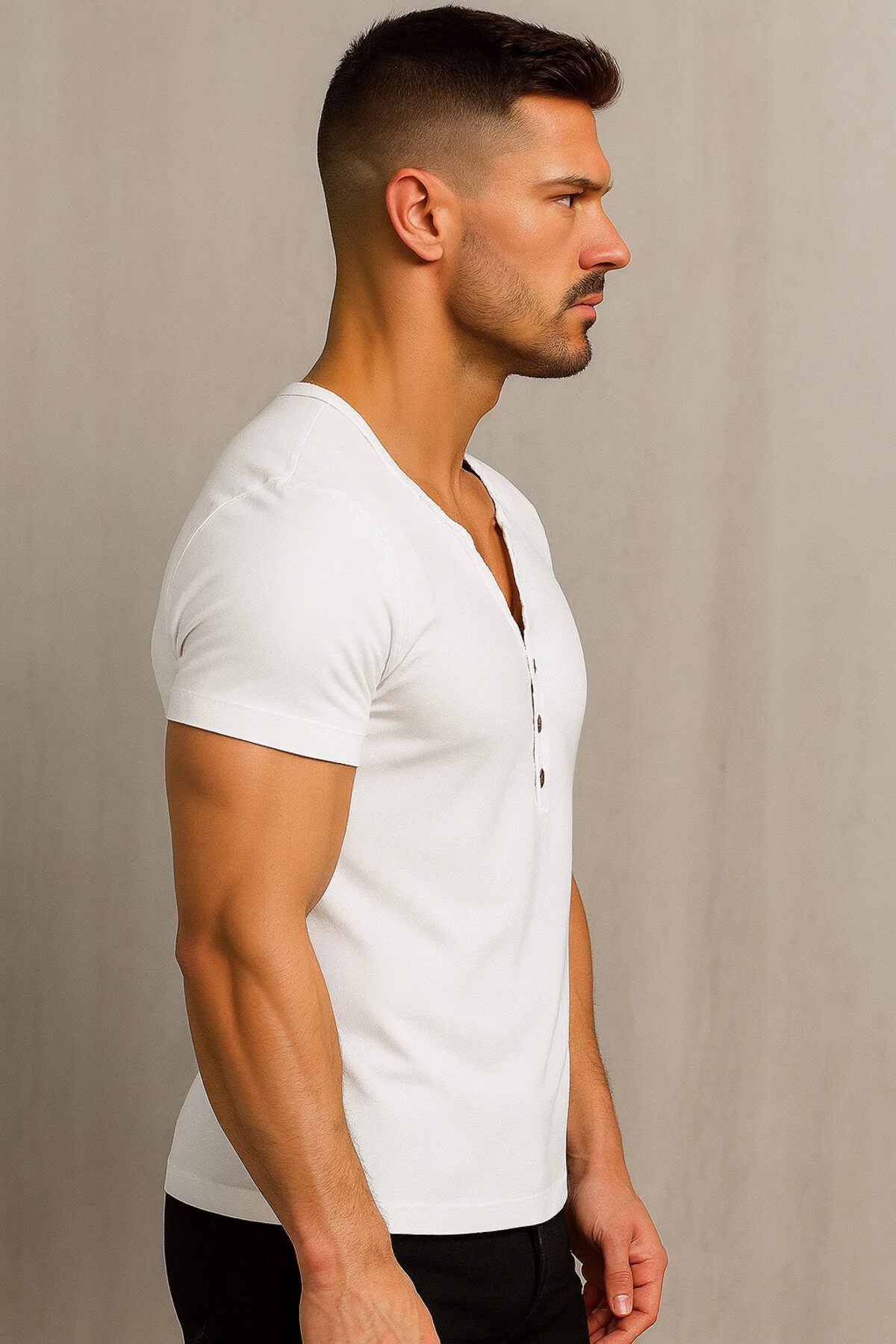 Özel Üretim Siyah Henley Yaka Düğmeli Açık Geniş Yaka Tişört T-shirt Beyaz