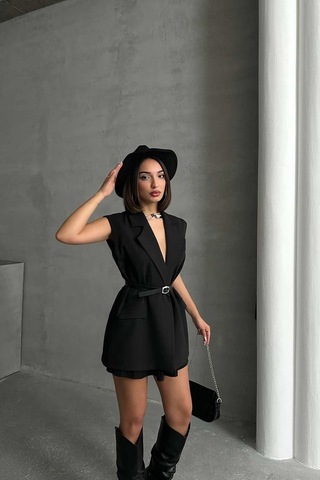 Myloore Kadın Siyah Kemerli Kolsuz Blazer Yelek Mlb153