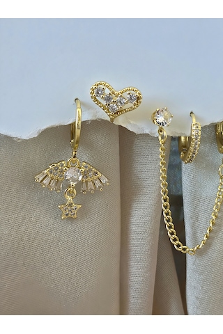 6'lı Anka Kuşu -kalp Sallantılı Zincir Model Zirkon Taşlı Çelik Gold Renk Küpe Seti Altın