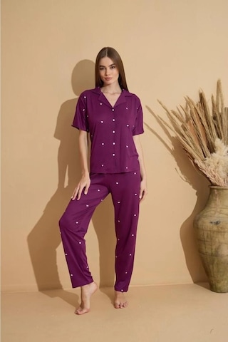 Pijamoni Kadın Kısa Kol Boydan Düğmeli Pijama Takımı - 7515-18 001