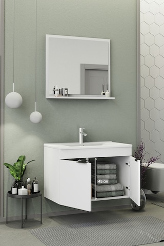 Biani Fix Arya 85 Cm Banyo Dolabı,Seramik Lavabolu, Aynalı,Lavabo Dahil,Mdf,Mat Beyaz