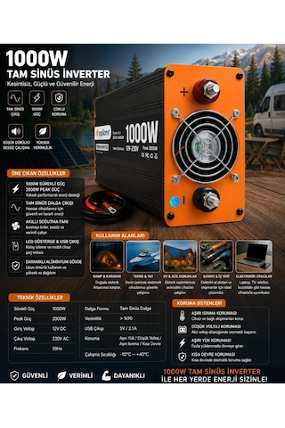 Tr 1000w Tam Sinüs İnverter, 12v Dc - 230v Ac, 2000w Peak Güç, Usb Çıkışlı, Sessiz Fanlı, Karavan Tekne Solar Genel
