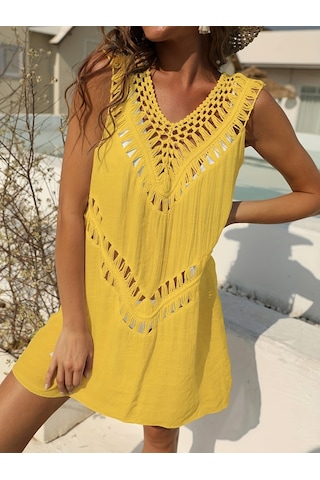 Zarif Tığ İşi Şık V Yaka Kolsuz Yarı Transparan Plaj Elbisesi Sarı