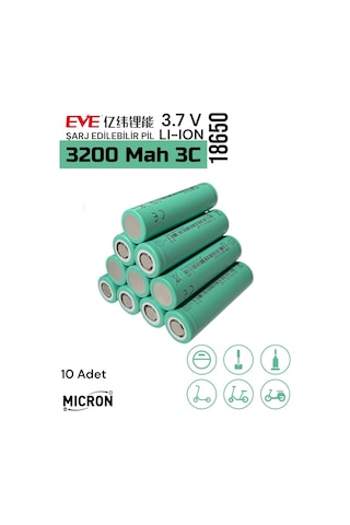 Eve 18650 3.7v Volt 3200 Mah 3c 35v Lityum Şarj Edilebilir 10 Adet Pil Batarya