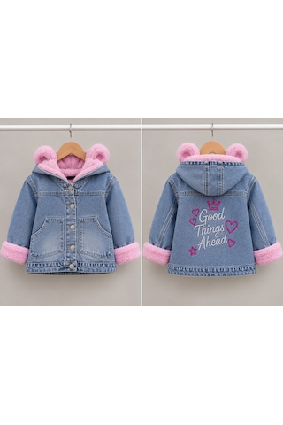 Toikids Kız Çocuk Kapüşonlu İçi Peluş Kürklü Kot Mont Kaban / Tek Parça Açık Pembe