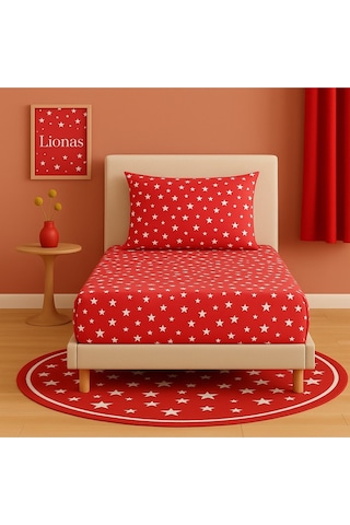 Lionas Desenli 120 X 200 Cm Ara Ölçü Kırmızı Yıldız Lastikli Çarşaf Ve Yastık Kılıfı Kırmızı